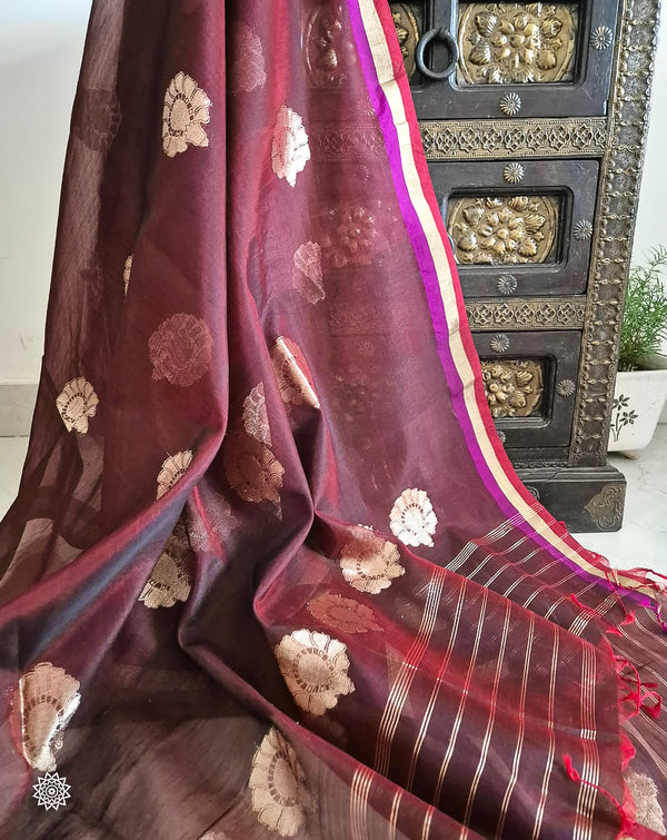 Handwoven Meenedar Kadwa  Boota  Silk Cotton Dupatta in Maroon