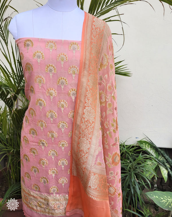 Banarasi Woven Khaddi Georgette Unstitched Suit in Vibrant Peach