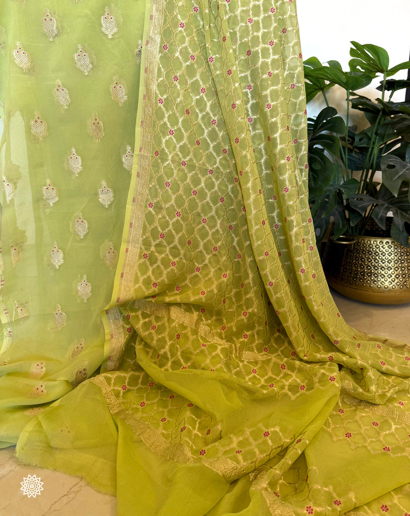 Meenedar Banarasi Chiffon Georgette Suit Set in Pista Green