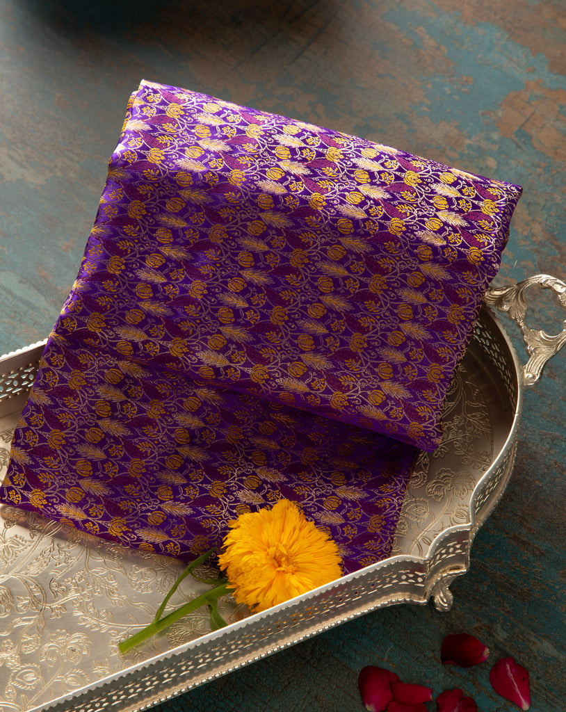 Handwoven Meenedar Banarasi Brocade in Purple and Yellow