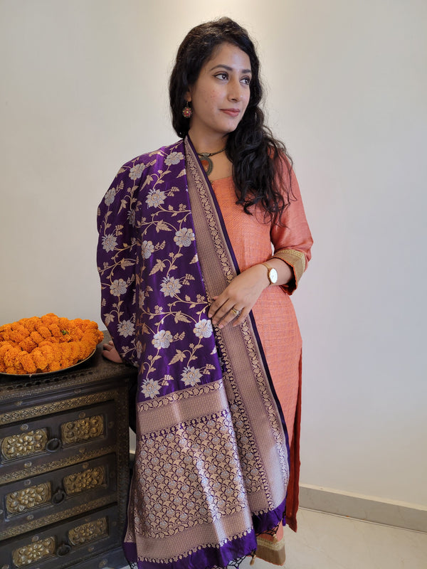 Banarasi Woven Katan Silk Jangala Dupatta In Purple With Sona Rupa Zari