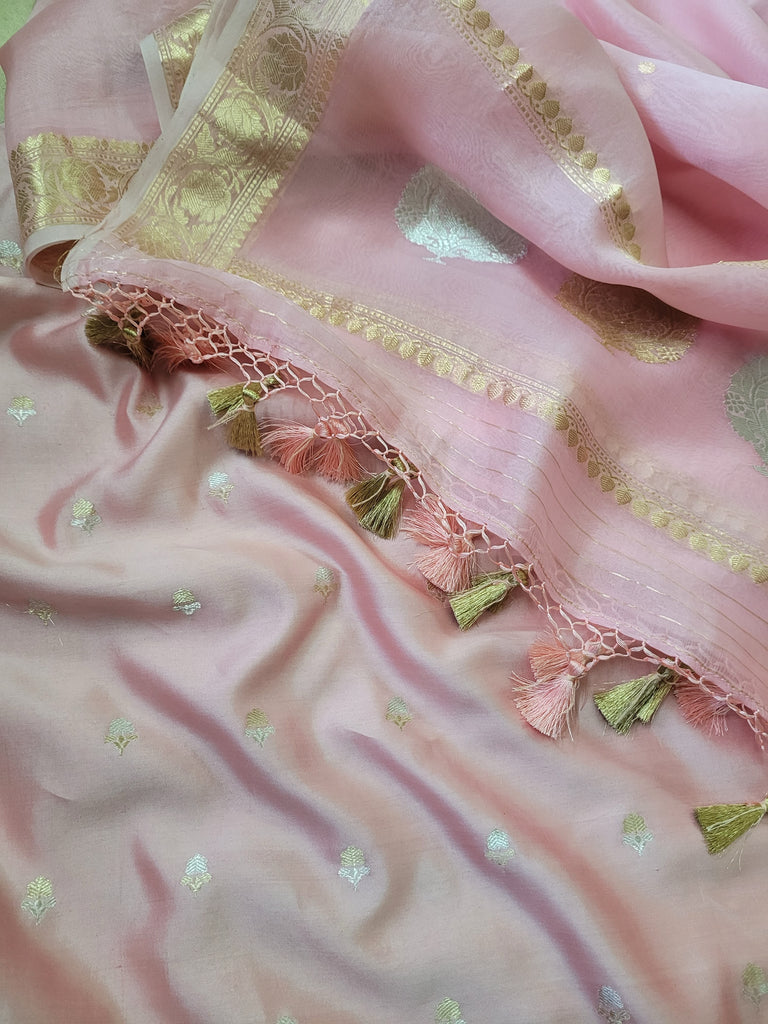 Unstitched Banarasi Chinnia Silk Kurta with Kora Silk Dupatta in Nude Pink Shade