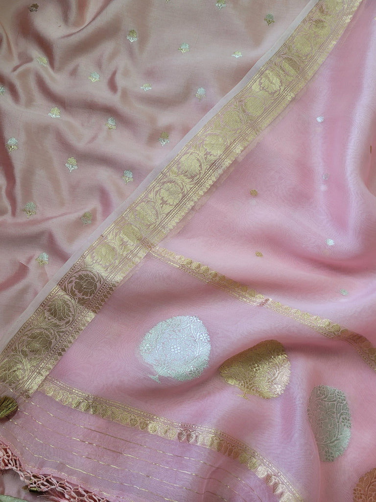 Unstitched Banarasi Chinnia Silk Kurta with Kora Silk Dupatta in Nude Pink Shade