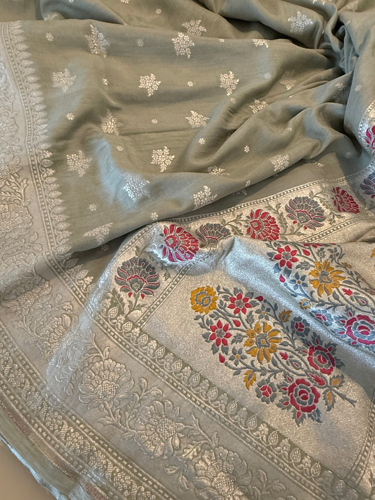 Meenedar Handwoven Tusser Georgette Suit in Green