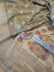 Meenedar Handwoven Tusser Georgette Suit in Green