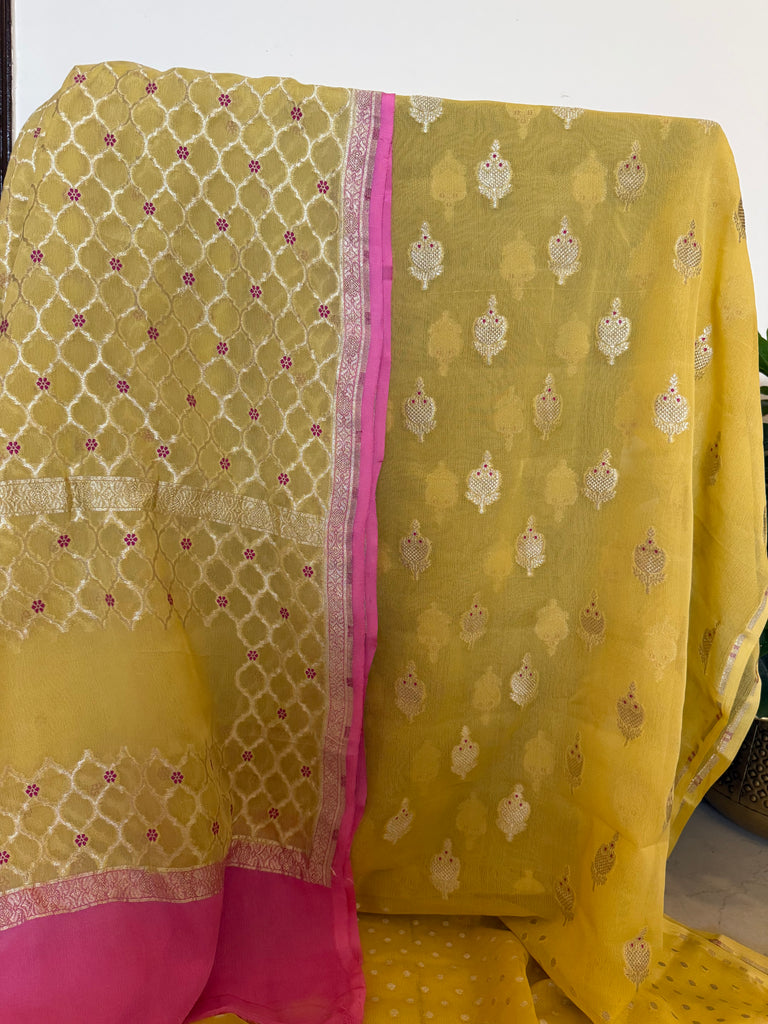 Meenedaar Chiffon Georgette Suit In Yellow And Pink