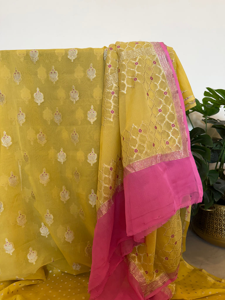 Meenedaar Chiffon Georgette Suit In Yellow And Pink
