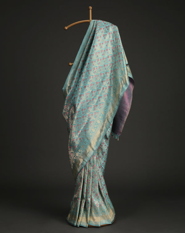 Banarasi Handwoven Meenedar Saree in Turquoise and Rani Pink