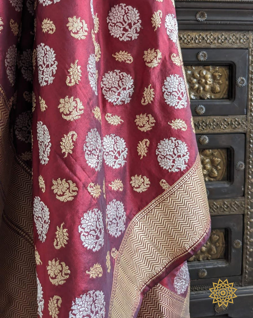 Handcrafted Katan Silk Dupatta With Sona-Rupa Buti in Maroon