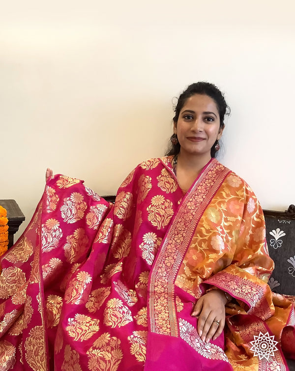Handwoven Banarasi Silk Georgette Unstitched Suit in Rani