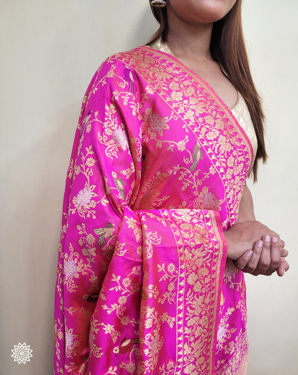 Handcrafted Banarasi Katan Silk Meenedaar Shikarga Dupatta in Rani Pink