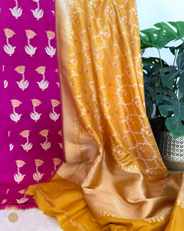 Handwoven Banarasi Katan Silk Suit in Majenta and Mustard