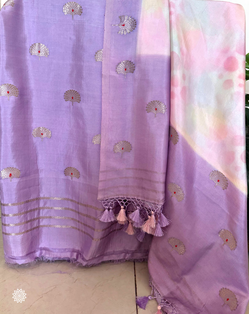 Handwoven Meenedar Katan Silk Suit in Lavender with Ombré Dupatta