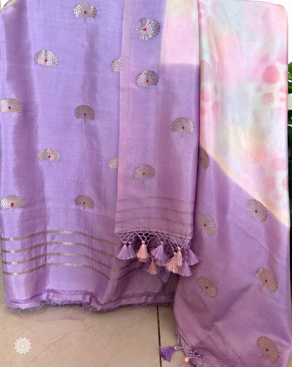 Handwoven Meenedar Katan Silk Suit in Lavender with Ombré Dupatta