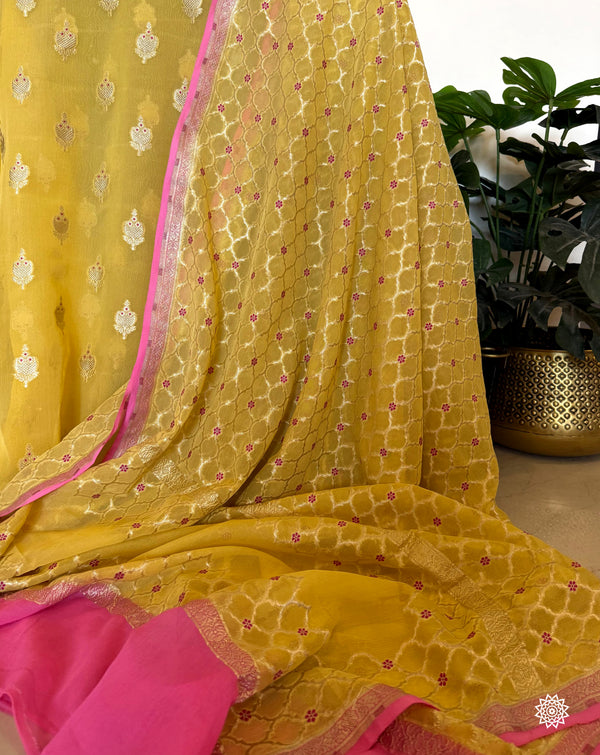 Meenedaar Chiffon Georgette Suit In Yellow And Pink