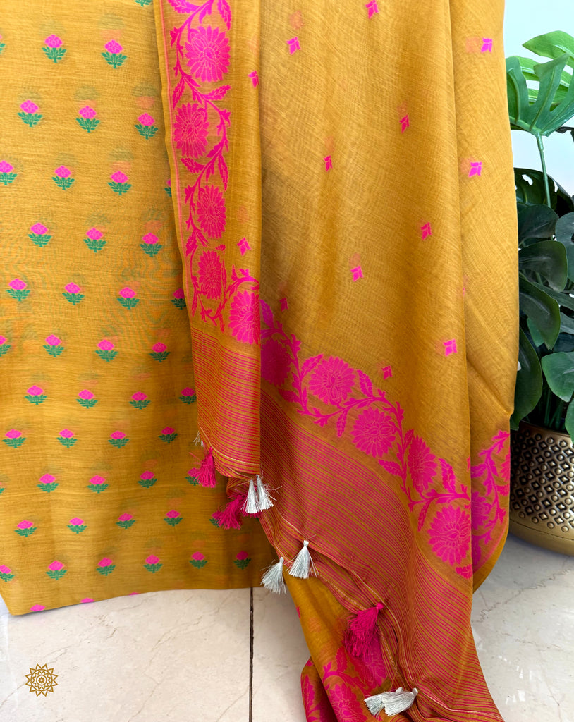 Banarasi Handcrafted Cotton Mulmul In Mustard And Rani Pink