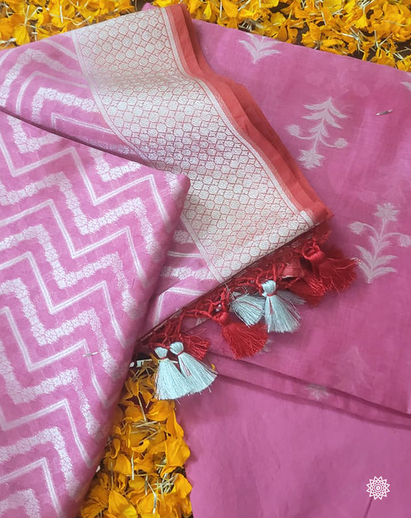 Banarasi Silk Chanderi Suit  WithSilver Zari In Pink