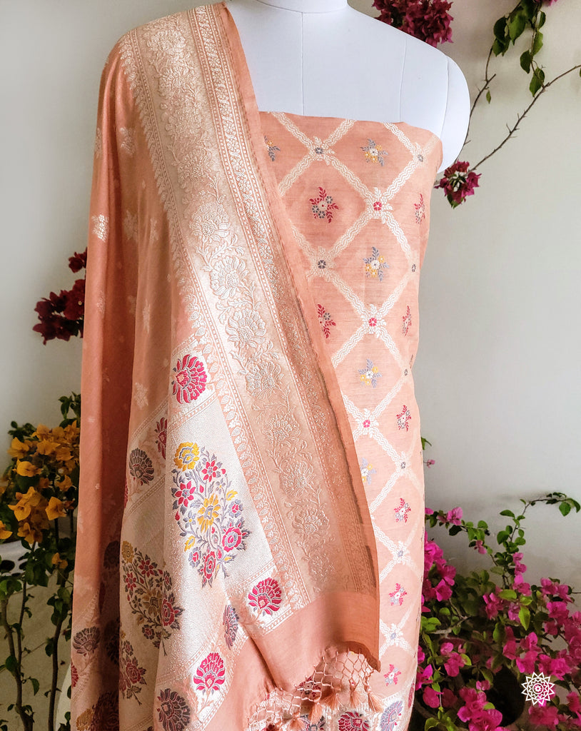 Banarasi Meenedaar Muga Suit In Peach