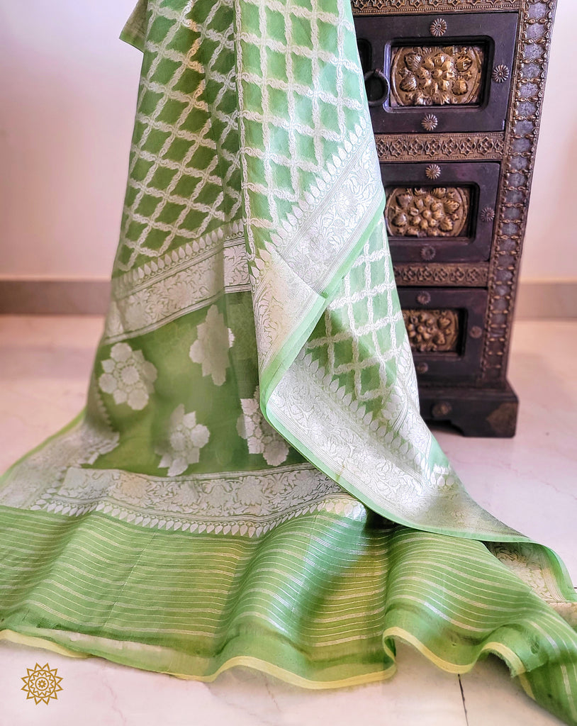 Banarasi Woven Kora Silk Dupatta in Sage Green Colour & Silver Zari