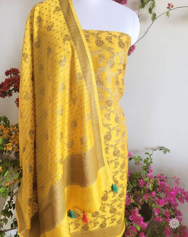 Banarasi Unstitched Cotton Suit Set with Antique Zari