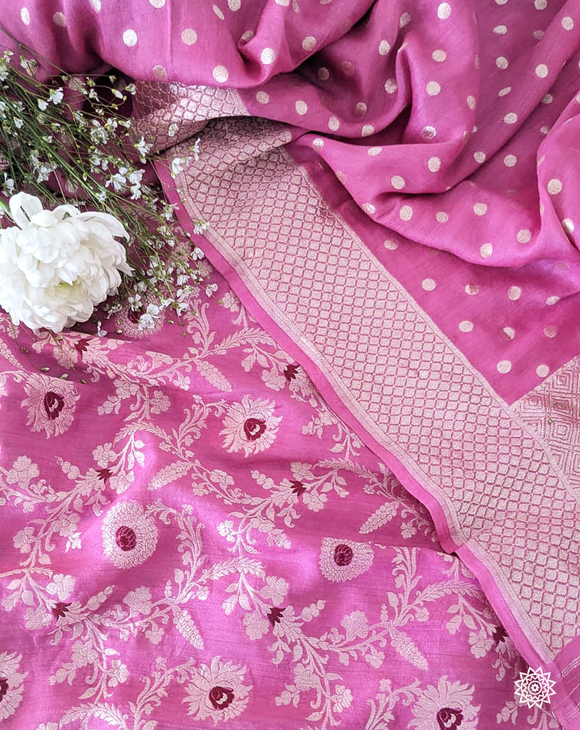 Pure Muga Silk suit in Meenedar Jangala in Strawberry Pink