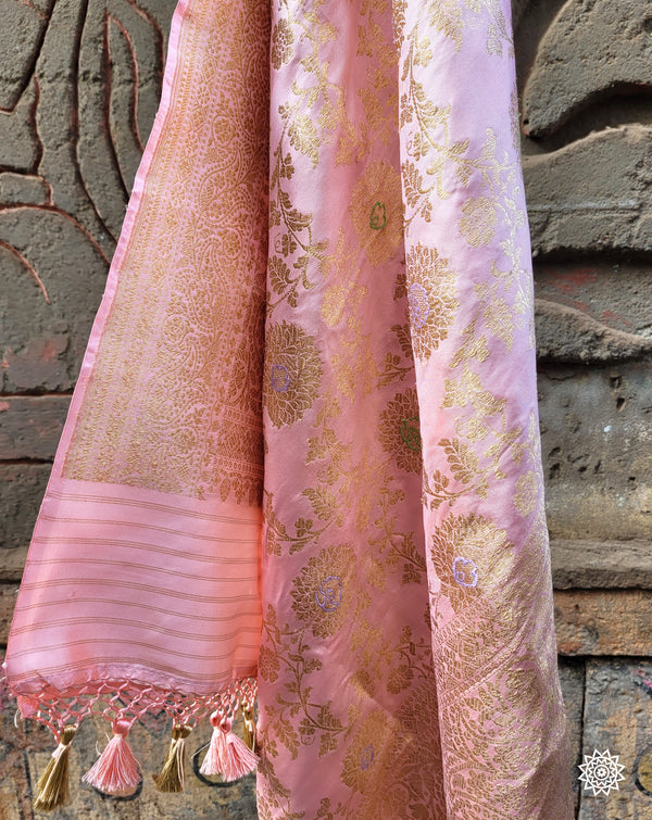 Handwoven Banarasi Katan Silk Meenedar Dupatta in Baby Pink