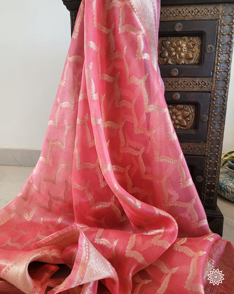 Banarasi Woven Kora Silk Dupatta in Strawberry Pink