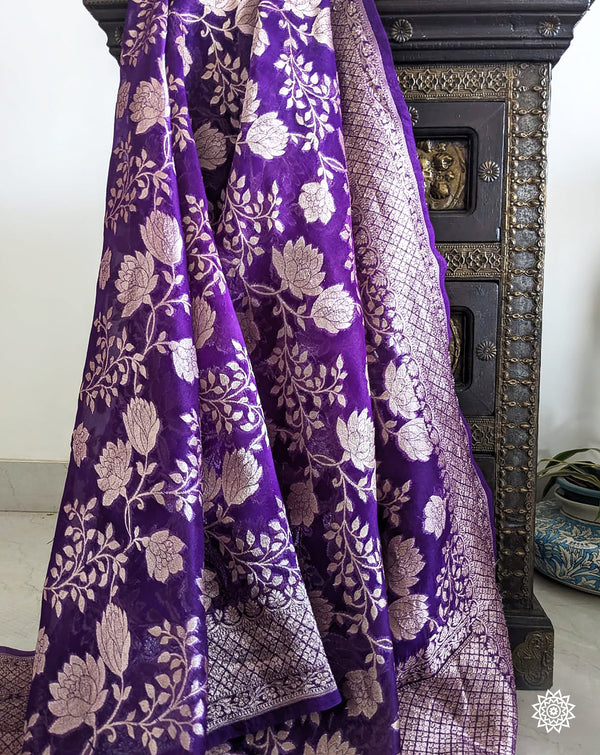 Banarasi Hand Woven Kora Silk Jaal Dupatta in Purple