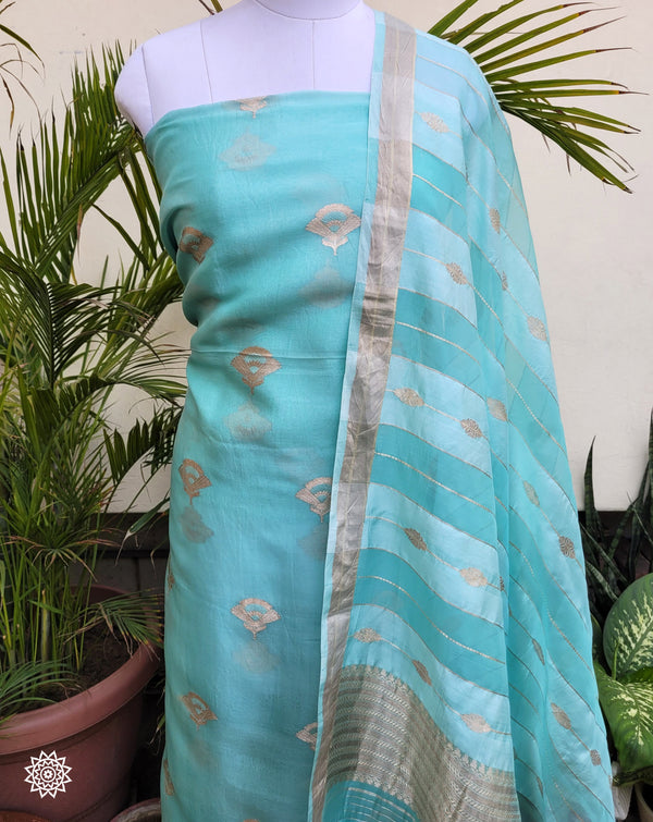 Banarasi Handwoven Kora  Silk Kurta with Kora Silk Dupatta in Light Firozi
