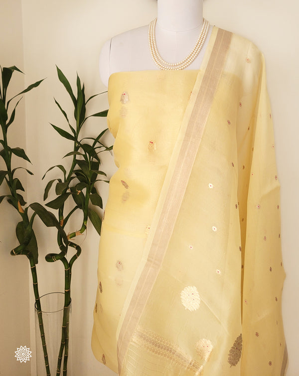 Handwoven Kora Silk Kurta Dupatta unstitched Suit Set in Lemon Yellow