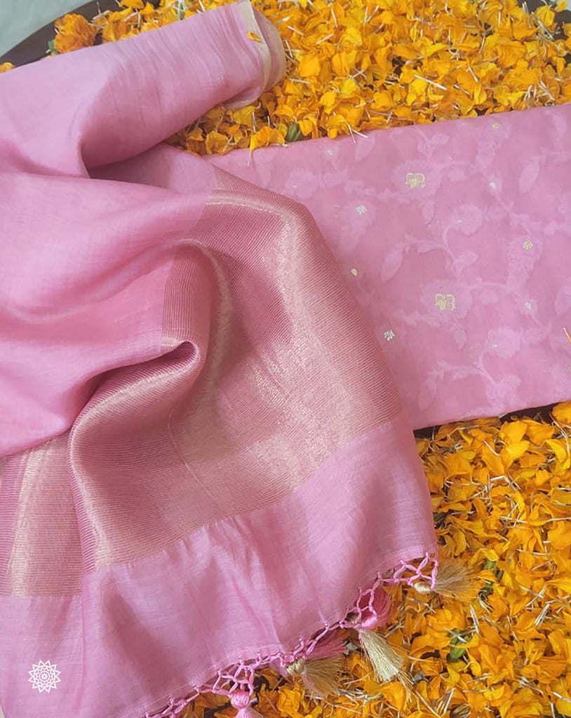 Banarasi Cotton Jangla Suit With Chanderi Dupatta In Pink