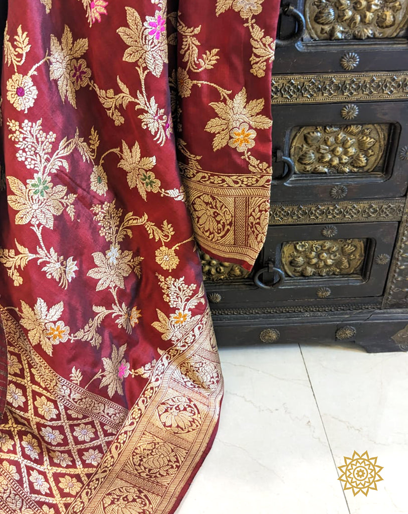 Handwoven Katan Silk Meenedar Jaal  Dupatta In Maroon