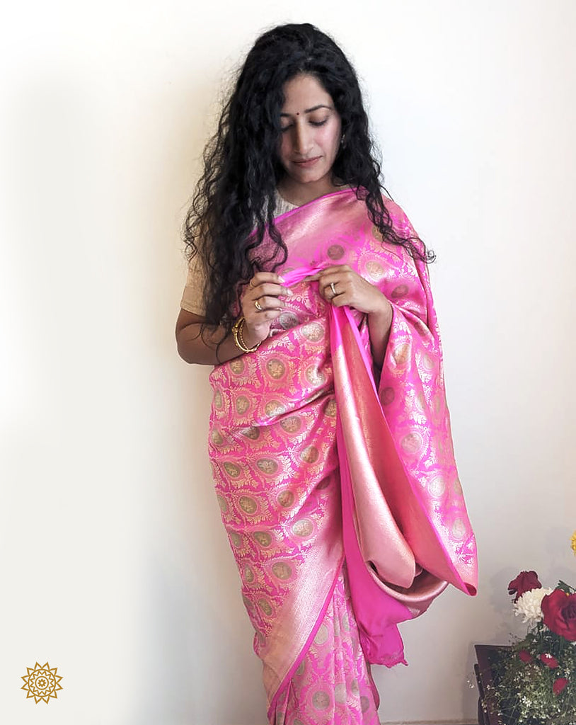 Banarasi Katan Silk Jaal Meenedar Saree in Vibrant Pink and Green