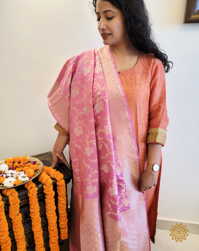 Banarasi Handwoven Katan Silk Jaal Duplicate In Onion Pink With Sona Rupa Zari