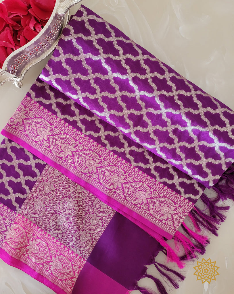 Banarasi Jaal Silk Georgette Dupatta In Purple & Rani Pink