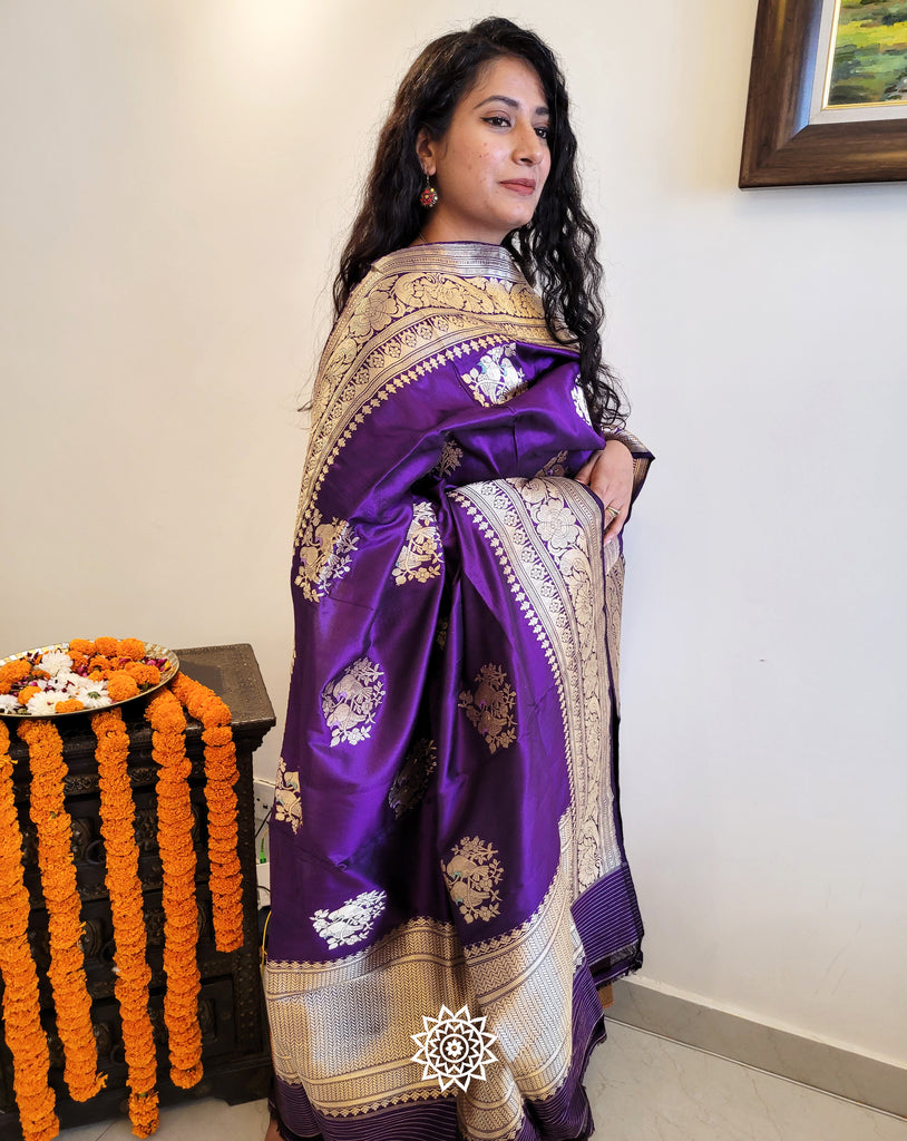 Handwoven Banarasi Katan silk Meenakari Dupatta in Purple