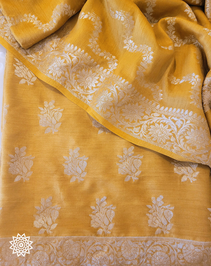 Banarasi Woven Muga Silk Unstitched Suit Set in Mustard and Dull Gold Zari