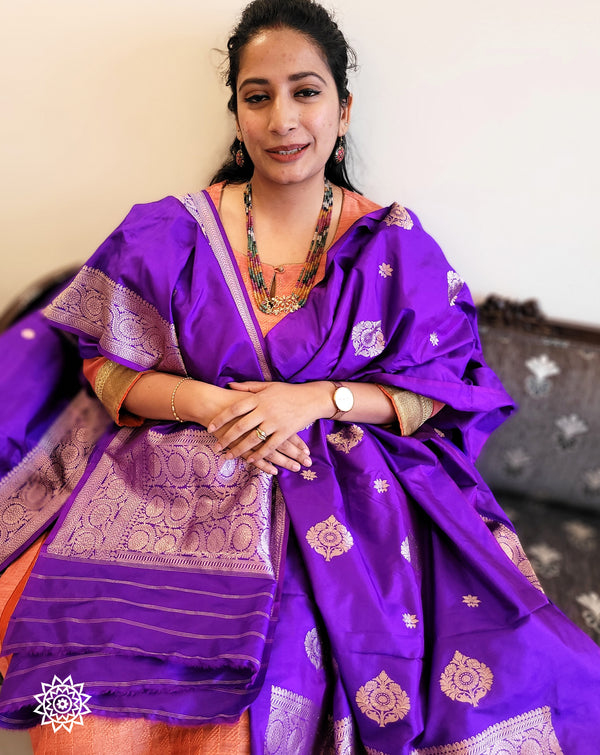 Banarasi Handwoven Katan Silk Unstitched Suit in Kadwa Boota in Purple