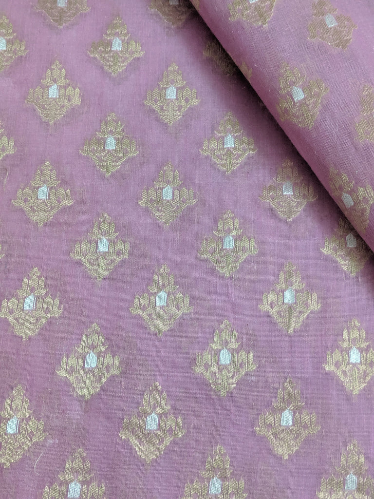 Onion Pink Handloom Kurta Fabric With Dull Gold Zari Butis Yardages