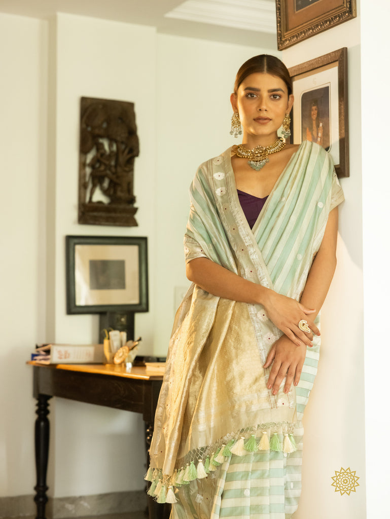 Handwoven Striped Kora Silk Saree In Green With Silver & Gold Border And Pallu