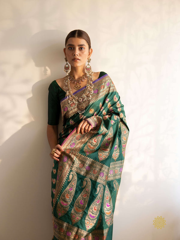 Handcrafted Katan Silk Meenedar Saree With Double Pallu