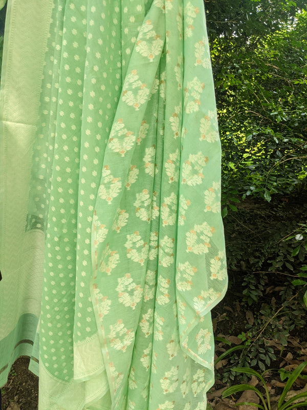 Pure Banarasi Cotton Woven Kurta Dupatta Set In A Shade Of Green Ensembles