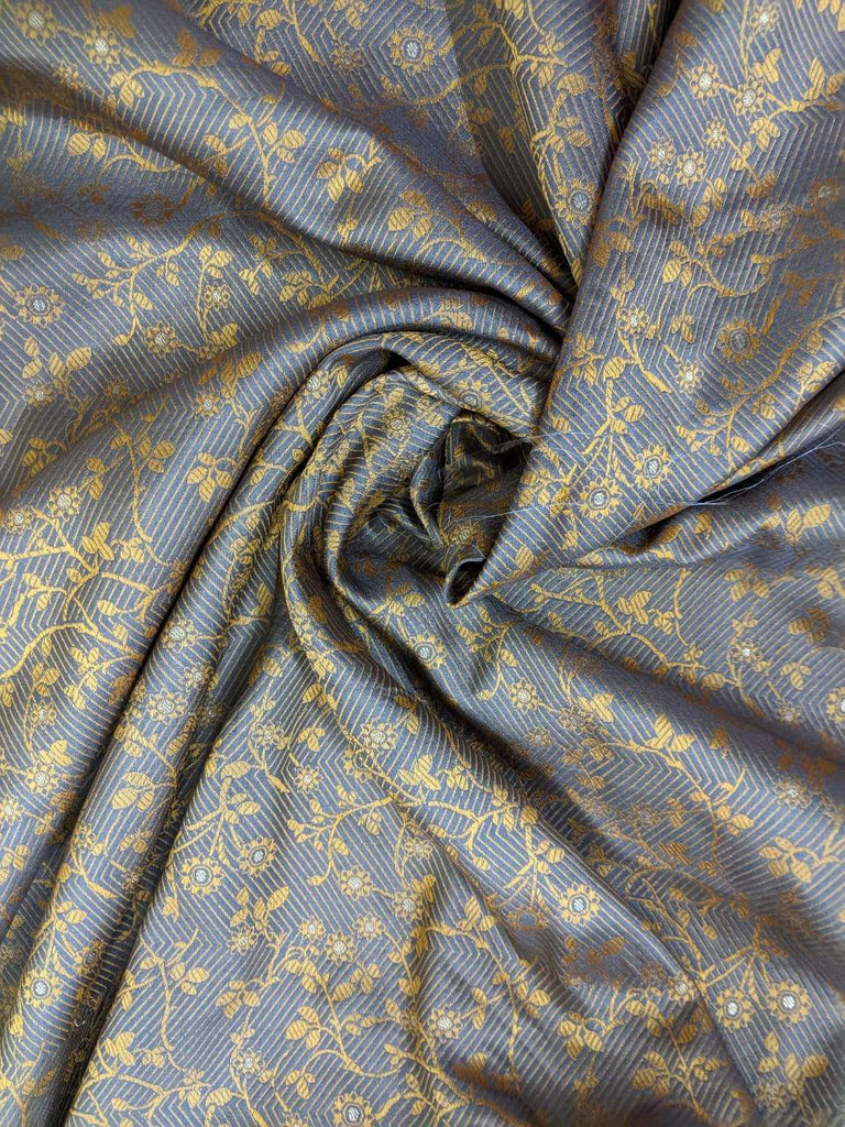 Handwoven Pure Silk Fabric In Grey With Yellow Yardages