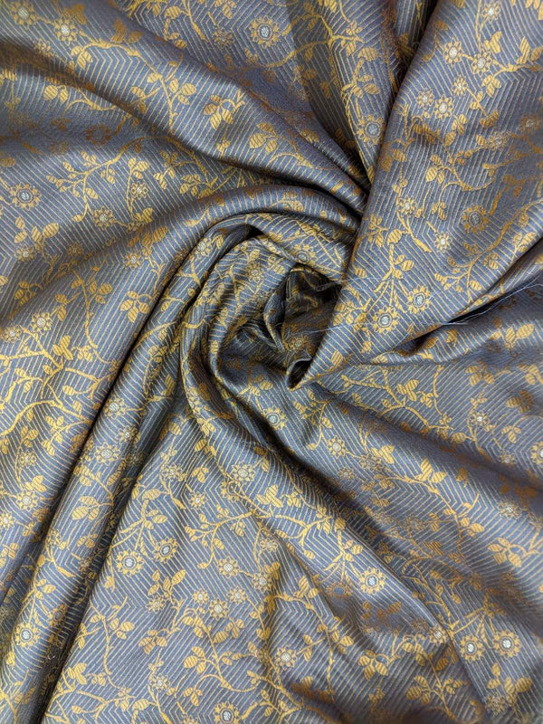 Handwoven Pure Silk Fabric In Grey With Yellow Yardages