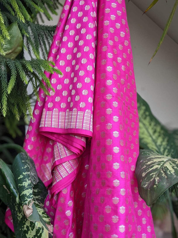 Handwoven Katan Silk Fabric In Rani Pink With Gold Silver Bootas (1 Mtr) Ensembles