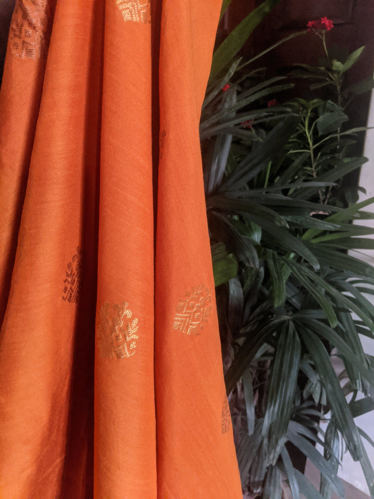 Handwoven Tussar Georgette Fabric In Orange Yardages