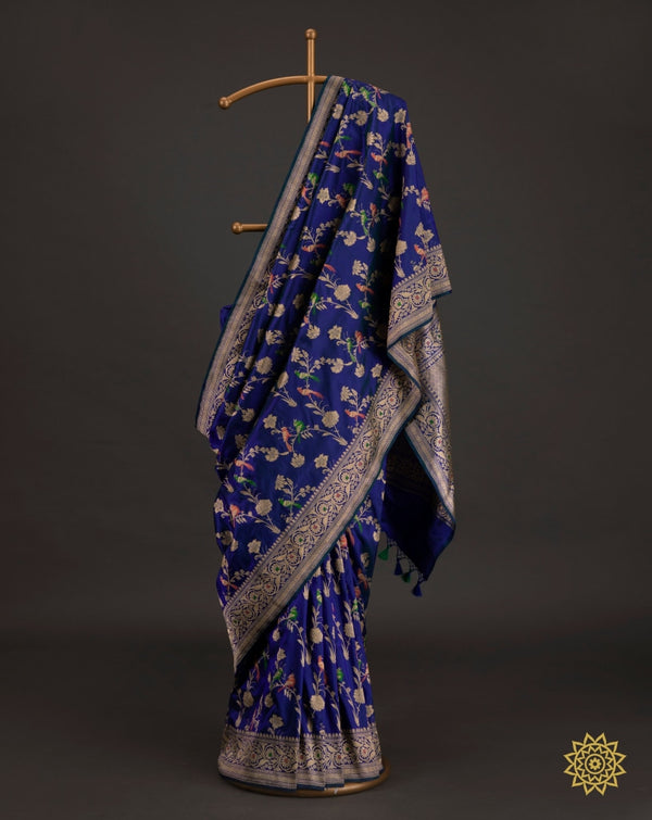 Banarasi Handloom Meenedar Katan Silk Saree In Dual Shade Of Blue And Green