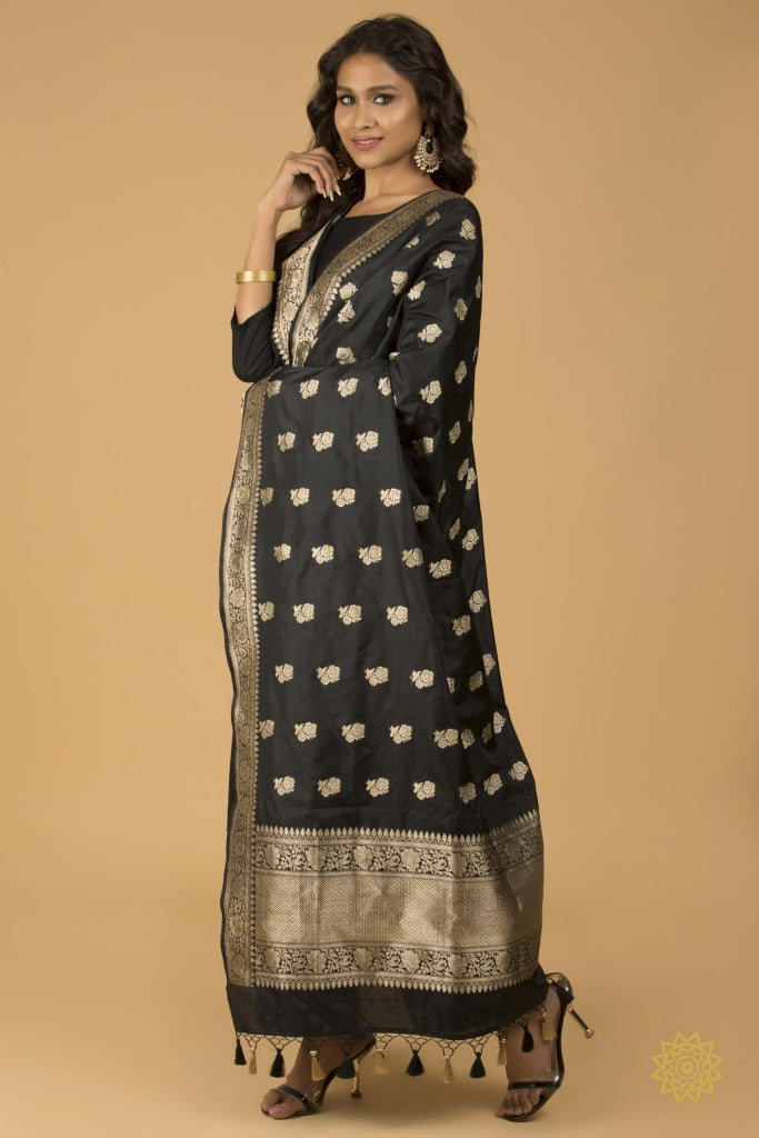 Banarasi Soft Silk Black Dupatta With Buti And Border.