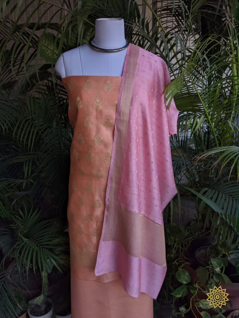 Banarasi Woven Cotton Resham Unstitched Suit Set In Peach And Pink