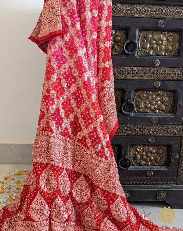 Banarasi Woven Dupatta In Multicolour Red Pink Bandhej Style